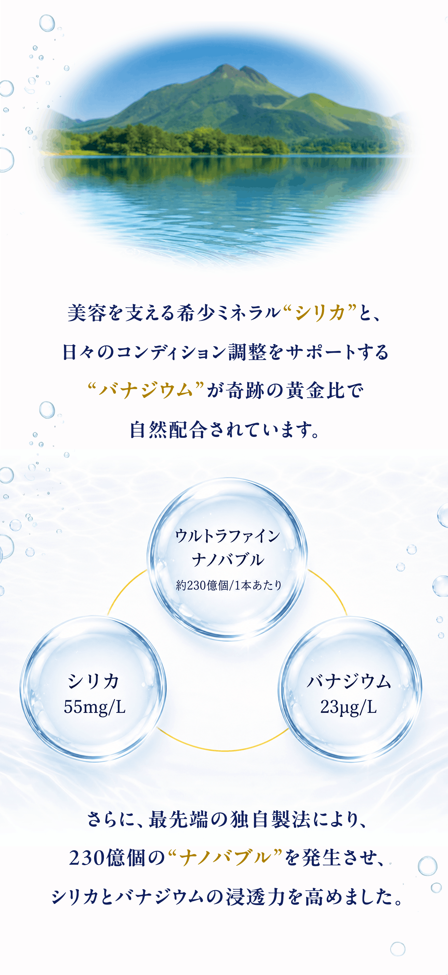 美容を支える希少ミネラル「シリカ」と、日々のコンディション調整をサポートする「バナジウム」が奇跡の黄金比で自然配合。ウルトラファインナノバブル約230億個/1本あたり、シリカ55mg/L、バナジウム23μg/L。独自製法によりナノバブルを発生させ、シリカとバナジウムの浸透力を高めました。