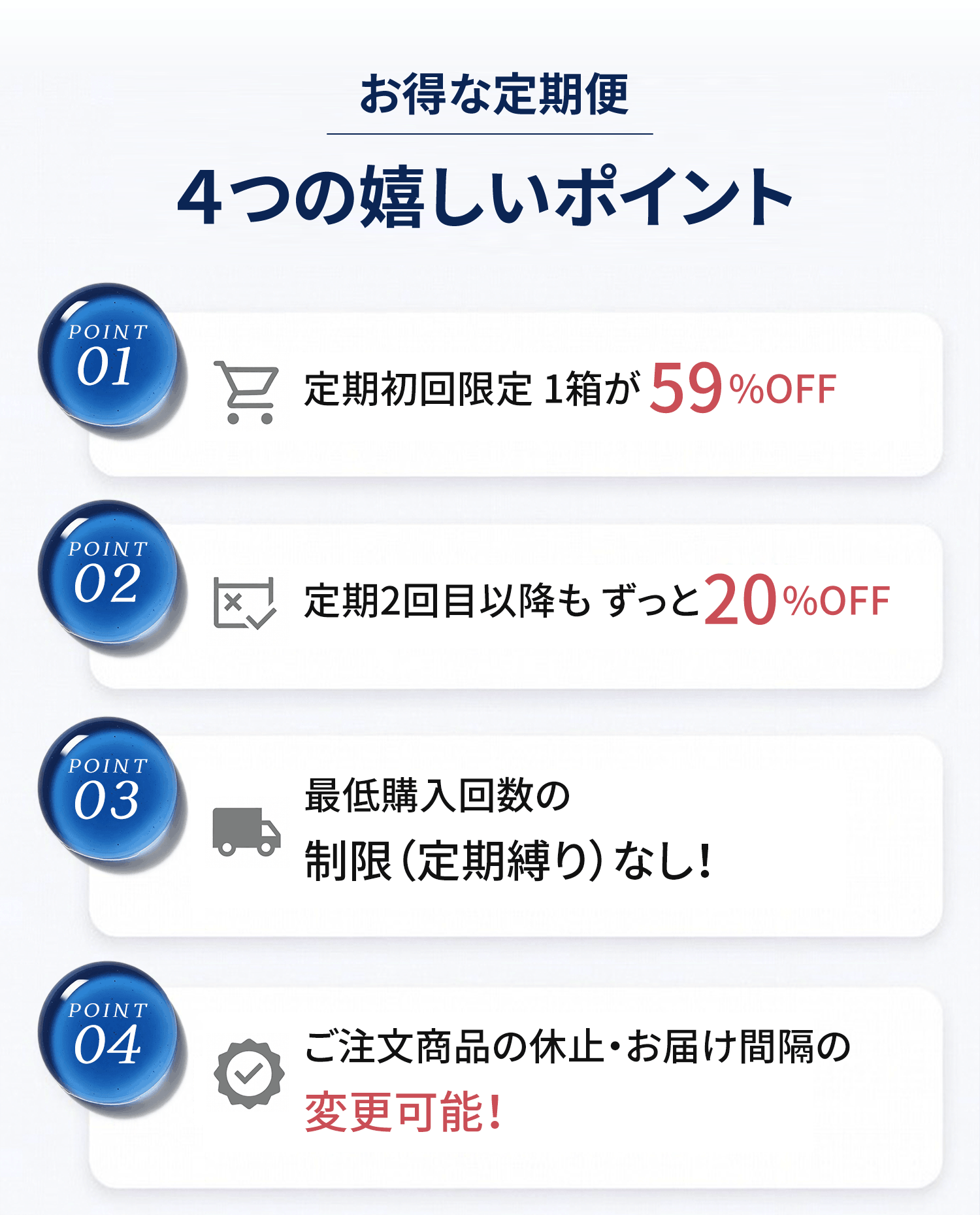 お得な定期便 4つの嬉しいポイント。POINT01 定期初回限定1箱が59%OFF。POINT02 定期2回目以降もずっと20%OFF。POINT03 最低購入回数の制限（定期縛り）なし。POINT04 ご注文商品の休止・お届け間隔の変更可能。